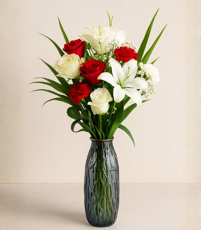 Fresh Lily & Rose Bouquet with Stylish Glass Vase