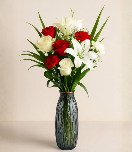 Fresh Lily & Rose Bouquet with Stylish Glass Vase