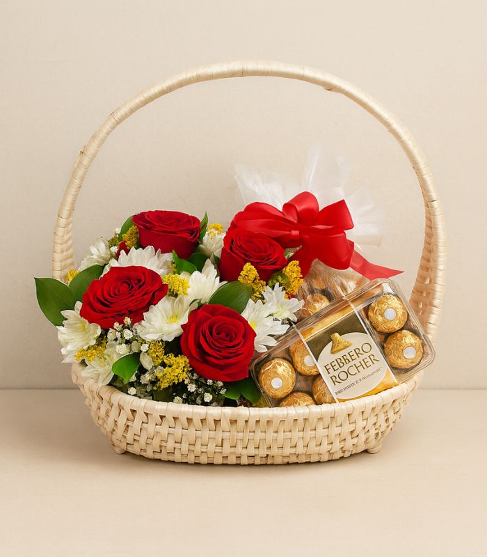 Rose & White Blossom Gift Basket with Ferrero Rocher Chocolates