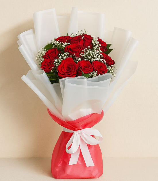 Classic 12 Red Roses Hand tied Bouquet with Elegant Wrapping