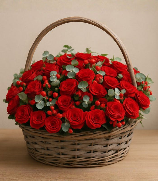 Luxury 51 Red Roses & Berries Basket Arrangement