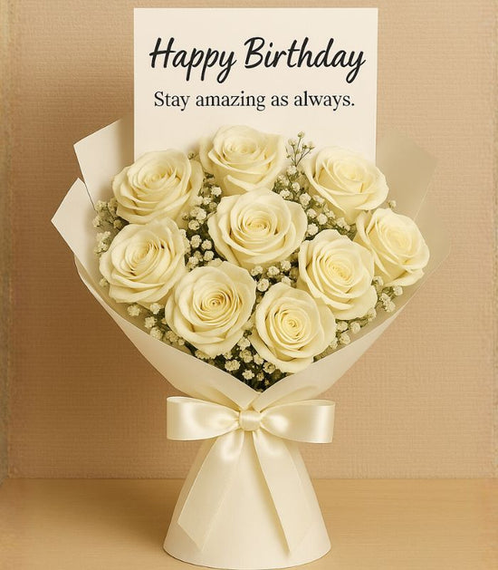 Charming Cream Rose Birthday Bouquet 10 Pc&