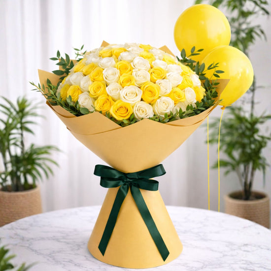 Golden Glow Yellow & White Roses Bouquet