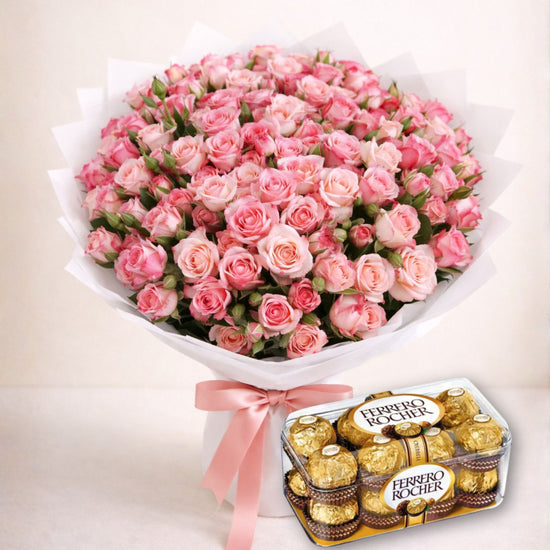 Blush Pink Roses Bouquet with Ferrero Rocher Chocolates