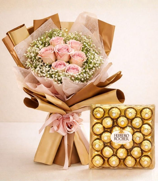 Pink Rose Bouquet with Box Chocolates