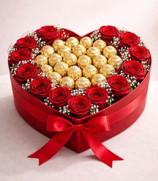 Heart Box of Red Roses & Chocolates Luxury Romantic Gift