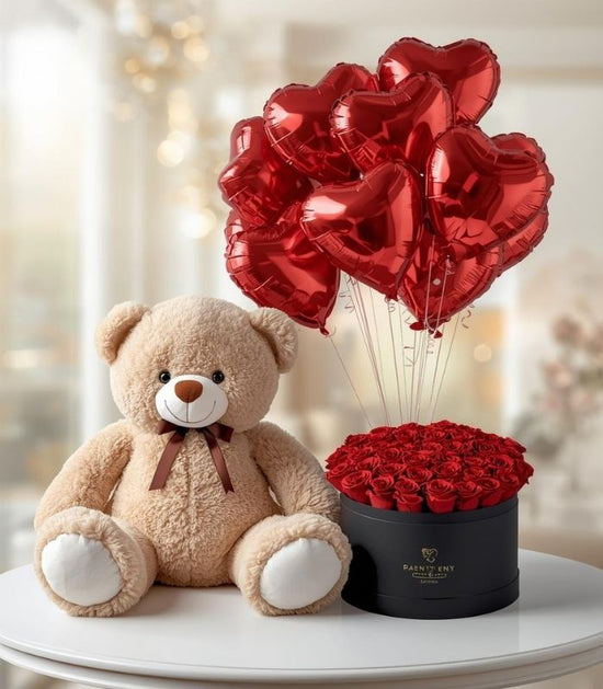 Large Teddy with Full Of Roses Box & 10 Heart Balloons