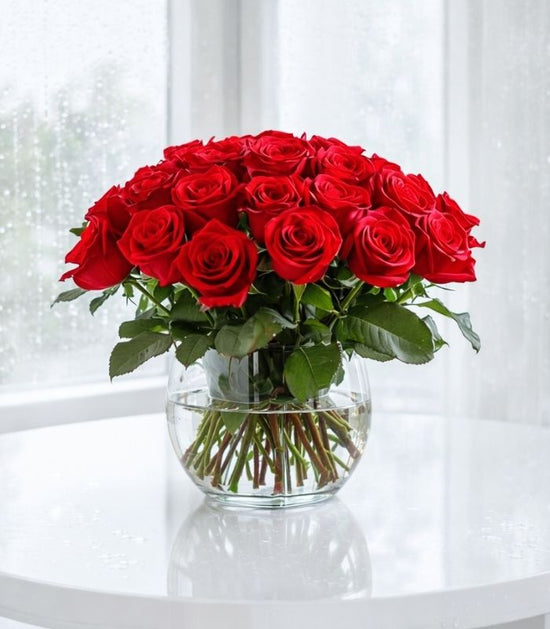 Premium Red Roses in Elegant Glass Vase